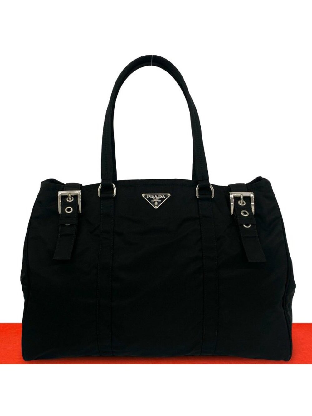 Prada Triangle Logo Tessuto Pocono Nylon Leather Tote Bag Business Black